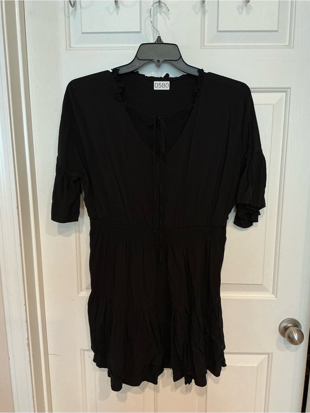 Black Women’s Short Sleeve V-Neck Dress with Tie